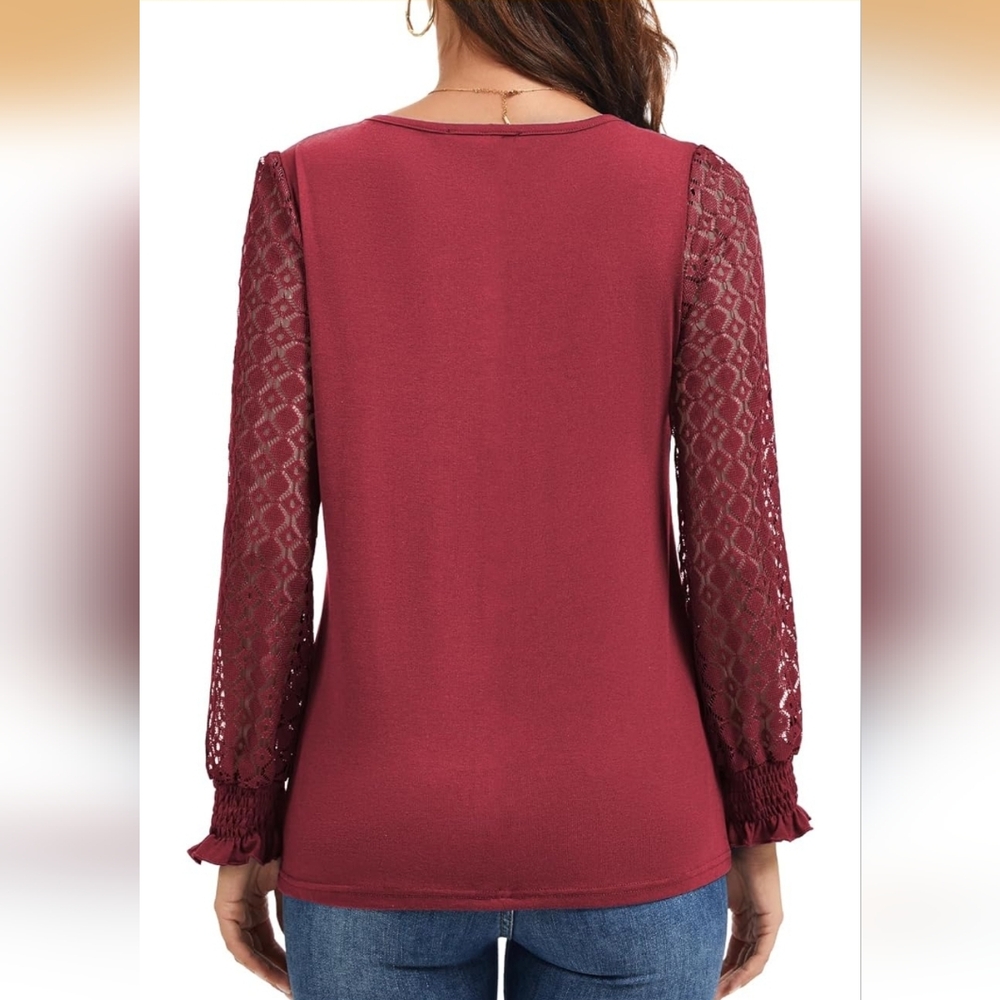 Elegant Burgundy Lace Sleeve Top Size Large - Picture 5 of 7